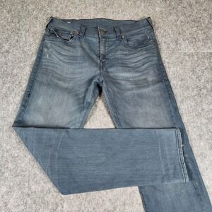 True Religion Geno Relaxed Slim Jeans Men 34x32 Blue Denim Distressed Flap USA